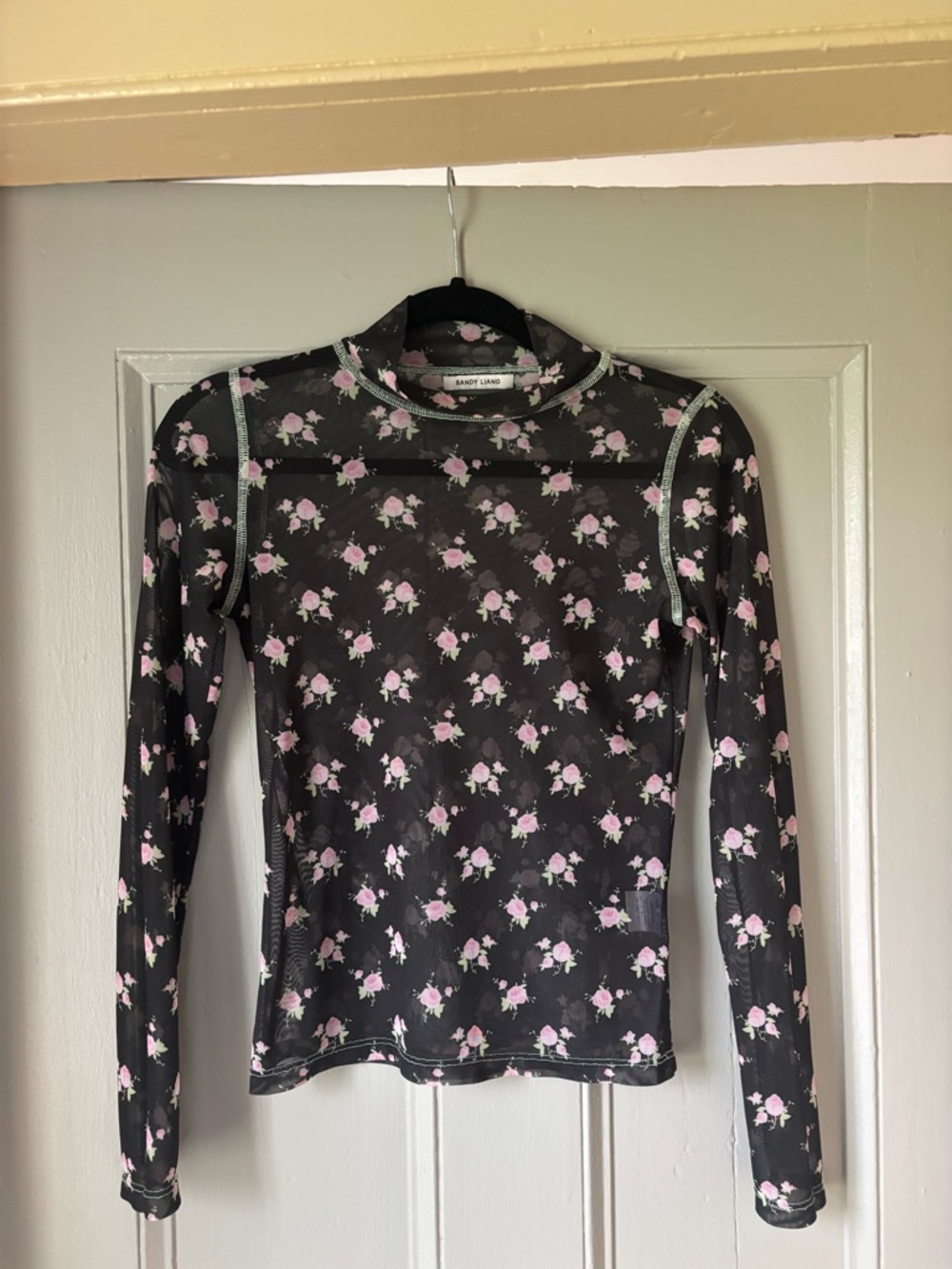 Sandy Liang Black Sheer Mesh Top with Pink Floral Print
